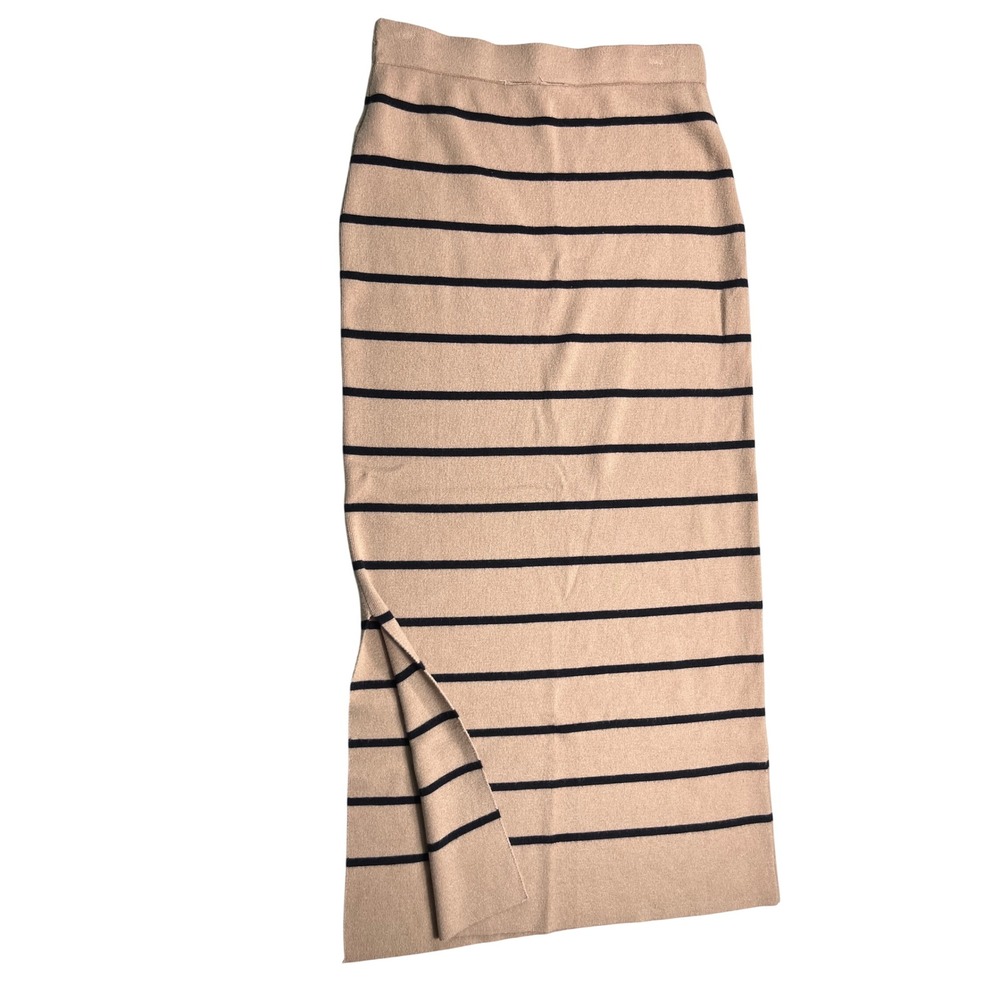 Joie Medium Striped Knit Midi Skirt Beige Black Side Slit Quiet Luxury